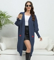 Navy blue oversized knit cardigan with red heart pockets and lantern sleeves - One Size / Navy Blue