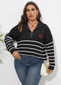 Maglione taglie forti da donna a righe con colletto a zip e toppa a cuore rosso - 0XL/L / Nero