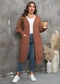 Women's long caramel knit cardigan with lantern sleeves and functional dual pockets - 1XL / Coffee