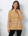 Close-up of yellow and white striped knit sweater with silver quarter-zip collar detail - One Size / Yellow