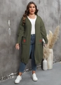 Detail of olive green knit cardigan featuring red heart patches on two front pockets - Army Green