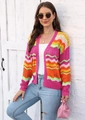 Detail of colorful rainbow wavy crochet knit texture on a long-sleeved cardigan - S / Rose Red
