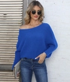 Detail of royal blue ribbed knit texture and stylish off-shoulder batwing sleeve design - S / Tops / Blue