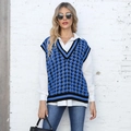 Women's V-neck houndstooth knit vest in blue and black styled over white shirt - One Size / Blue/Black