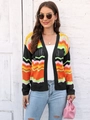 Women's knit cardigan with rainbow wavy stripes and open front crochet design - S / Black