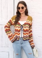 Detail of bohemian rainbow chevron knit cardigan with long sleeves and front tie closure - S / Yellow
