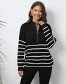 Women's black and white striped knit sweater with high neck and 1/4 ring zip closure - One Size / Black