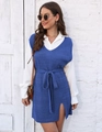 Detail of navy knit vest dress with side slit and matching drawstring waist belt - Blue