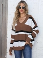 Women's V-neck loose sweater with oversized brown white and black stripes in knit fabric - One Size / Dark Coffee