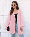 Detail of pink knit cardigan featuring lantern sleeves and loose casual texture - One Size / Pink