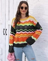 Detail of colorful rainbow wavy knit texture and openwork crochet on striped sweater - S / Black