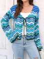 Detail of multi-color striped knit cardigan featuring wave patterns and tie-front closure - S / Tops / Blue