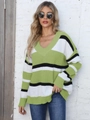 Women's V-neck oversized striped knit sweater in green, white, and black color block - One Size / Avocado Green