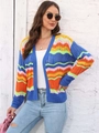 Women's colorful rainbow striped crochet cardigan sweater with open front and wave patterns - S / Blue