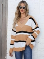 Oversized V-neck striped sweater for women with color-block knit patterns in urban style - One Size / Khaki