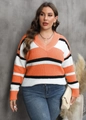 Plus size πλεκτό πουλόβερ με λαιμόκοψη V και ρίγες σε πορτοκαλί λευκό και μαύρο χρώμα - 1XL / Πορτοκαλί