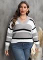 Detail of V-neck color-block sweater with gray, white, and black striped knit texture - Gray
