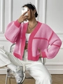 Women oversized pink colorblock knit cardigan sweater with loose casual fit - S / Tops / Rose Red