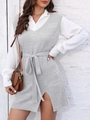 Dettaglio dell'abito a maglia grigio con scollo a V, cintura annodata e spacchi laterali - Taglia S / Top / Grigio chiaro