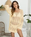 Detail view of the intricate hollow geometric crochet knit texture on the beach cover-up - One Size / Apricot