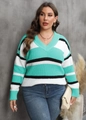 Detail of plus size V-neck striped sweater with mint green and black contrast panels - Lake Green
