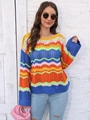 Detailed knit texture of a colorful rainbow wave stripe crochet sweater for women - S / Blue