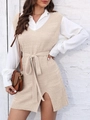 Detail of beige knitted vest dress with waist tie and stylish front slit design - Apricot