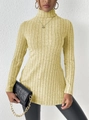 Detailed view of ginger yellow turtleneck sweater with vertical ribbed knit texture - Yellow