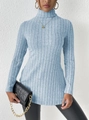 Detail of light blue high neck ribbed sweater with refined vertical knit textures - S / Tops / Sky Blue