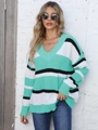 Women's V-neck loose color-block knit sweater in mint green, white, and black stripes - One Size / Lake Green