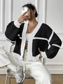 Women's black and white contrast knit cardigan with V-neck and casual loose fit design - S / Tops / Black and White