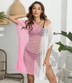 Pink and white color block crochet hollow out beach cover up with deep V-neckline - One Size / Pink & White Patchwork