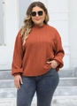 Detail of brick red ribbed knit texture and mock neck design on this oversized sweater - 0XL / Tops / Dark Coffee