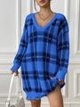 V-Ausschnitt Strickkleid für Damen mit Karomuster und Distressed-Saum in Blau Schwarz - Einheitsgröße / Blau