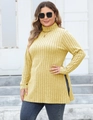Detail view of yellow ribbed knit long-sleeved top with high side slits and turtleneck - 0XL / Tops / Yellow