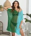Detail of color-block knit beach cover-up with green and blue hollow-out mesh texture - One Size / Green Splicing Sky Blue