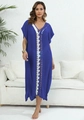 Detalle de vestido playero caftán azul de ganchillo con cuello en V y aberturas laterales - Talla única / Tops / Azul real