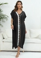 Detalle de cuello en V con ribete de ganchillo en vestido playero caftán negro - Talla única / Tops / Negro