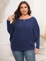 Detail of navy blue plus size sweater with horizontal ribbed knit and batwing sleeves - Navy Blue