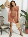 Detail view of caramel crochet knit cover-up with mesh hollow out and V-neckline - One Size / Orange