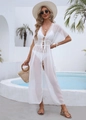 Detail of white lace patchwork chiffon beach cover-up with tassel drawstring waist - S / Tops / Chiffon White