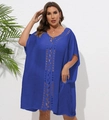 Detail of royal blue beach cover-up featuring intricate crochet V-neck lace and loose fit - One Size / Tops / Royal Blue
