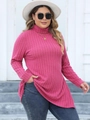 Women's plus size rose red high neck knit long sleeve top with stylish side slit - 0XL / Tops / Rose Red