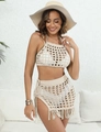 Detail of crochet knit two-piece beach set featuring fringe tassels and side slit design - One Size / Top And Bottom / Apricot