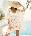 Detailed close-up of bohemian crochet beach cover-up featuring hollow-out circular patterns - One Size / Apricot