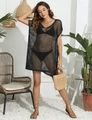 Dettaglio del copricostume nero all'uncinetto con scollo a V e motivo a maglia traforata - Taglia unica / Nero