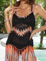Close-up of black handmade crochet knit pattern with colorful contrast fringe details - One Size / Black