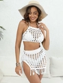 Detail of white crochet two-piece bikini cover-up with mesh top and tassel side-tie skirt - One Size / Top And Bottom / White