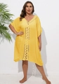 Détail du cache-maillot jaune grande taille avec dentelle au crochet et col en V bohème - Jaune