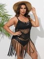 Detail of hand-crocheted hollow grid structure and long fringe tassels on beach dress - 0XL / Black